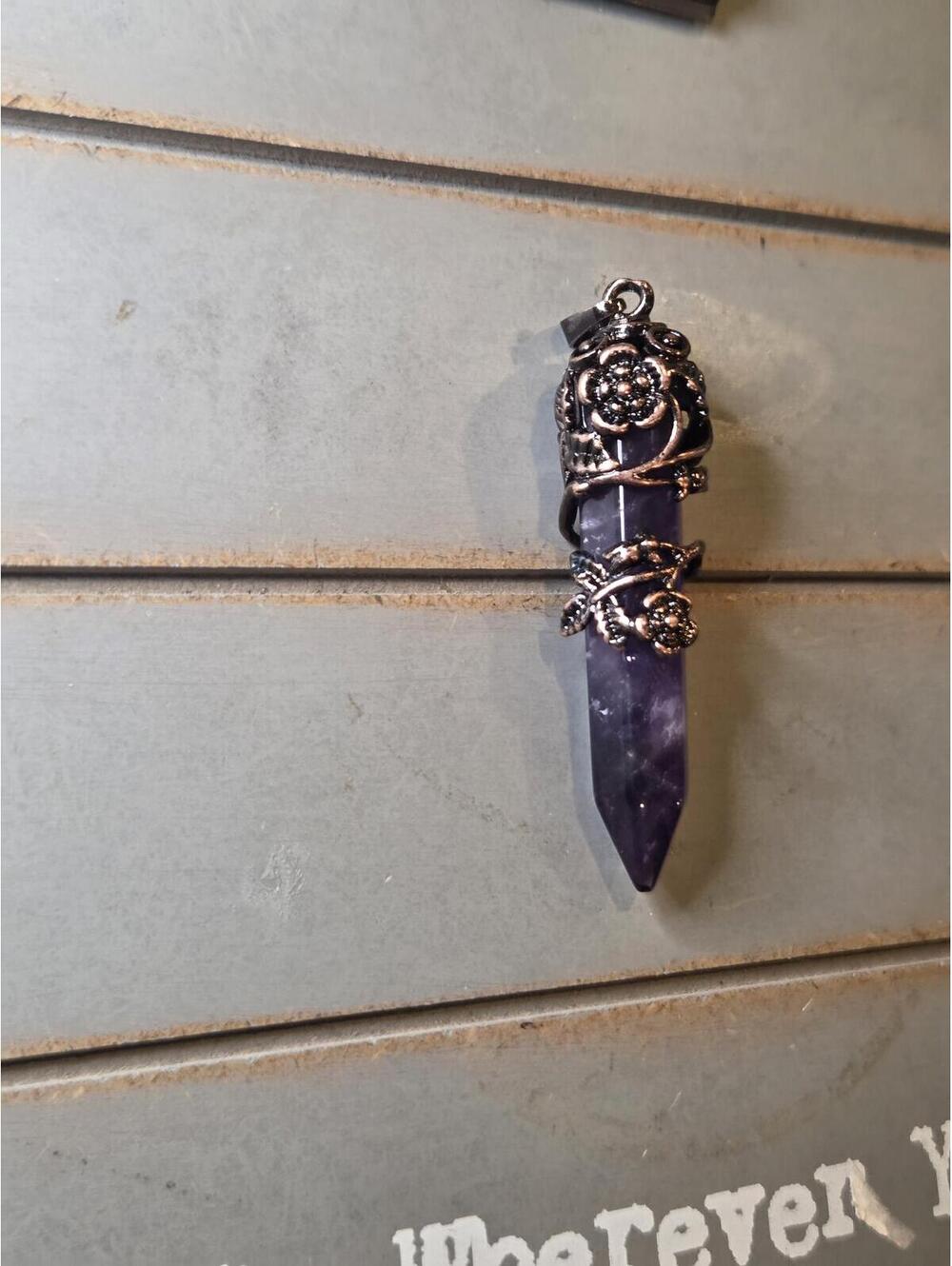 Amethyst Crystal Point Pendant with Ornate Silver-Tone Wrap
